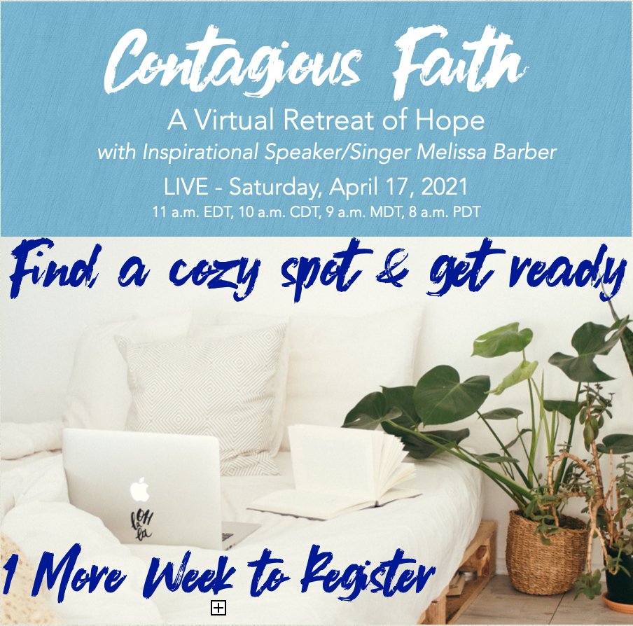 MBarberShows's tweet photo. One More Week - Find your cozy, quiet spot - indoors or out - and catch some "Contagious Faith." Details and registration at: https://t.co/8KmJoQN3QM

#BringYourBible #christianretreat #christianevent #hope #virtualretreat  #christianconference #thinkspring #GodisLove #HaveFa https://t.co/1MJDepHEzg
