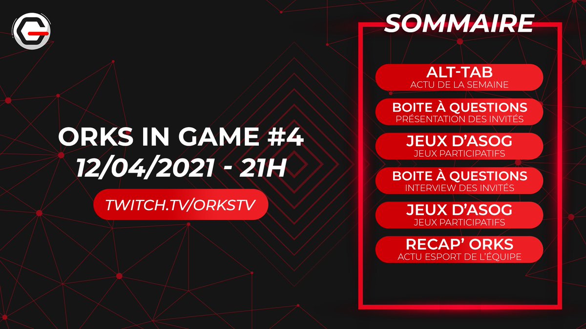 🎮ᴏʀᴋꜱ ɪɴ ɢᴀᴍᴇ🎮

Surtout n'oubliez pas l'#OIG n°4 ce soir sur twitch.tv/orkstv !🙌

On sera en compagnie des exceptionnels <a href="/Dabidal_cosplay/">Dabidal</a> et <a href="/ellothincosplay/">Ellothin 🖤</a> pour parler de Cosplay !👊

🕘Rendez-vous à 21h !