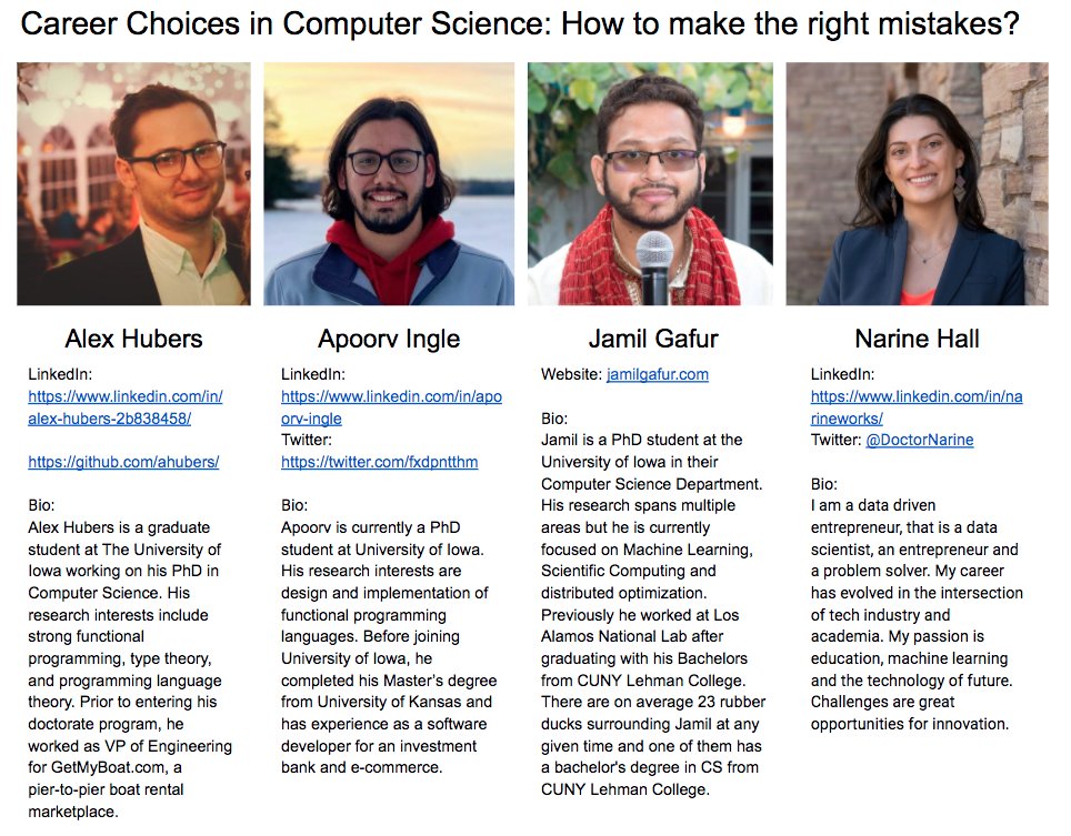 Join Us! via Zoom April 23, 2021 5pm - 7:30pm Eastern Time
Career Choices in Computer Science: How to make the right mistakes?
RSVP: 
meetup.com/GDG-Bronx/even…

<a href="/LehmanCollege/">Lehman College</a> <a href="/NS_Lehman/">NSBE-SHPE</a>
<a href="/lcwics/">Lehman College WiCS</a> <a href="/SHPE_Lehman/">SHPE Lehman</a> <a href="/NSBE_Lehman/">NSBE Lehman</a>