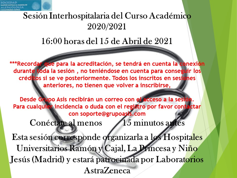 No te pierdas la sesión interhospitalaria de los Hospitales Universitarios Ramón y Cajal, La Princesa y Niño Jesús de Madrid.  
📆Jueves 15 de abril
🕗16h
Más información en 👉: smclm.com/actividad-151-…