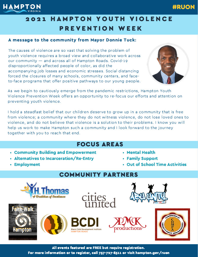 CitiesUnited's tweet photo. Join ED @ants012369 as @cityofhampton kicks off their annual Nat'l Youth Violence Prevention Week's Urgency of Now activities w/a conversation w/mayors addressing youth violence. Join us on Facebook at 7pmET #NYVPW #RuON #thejourneycontinues https://t.co/NlXV8pi8cx