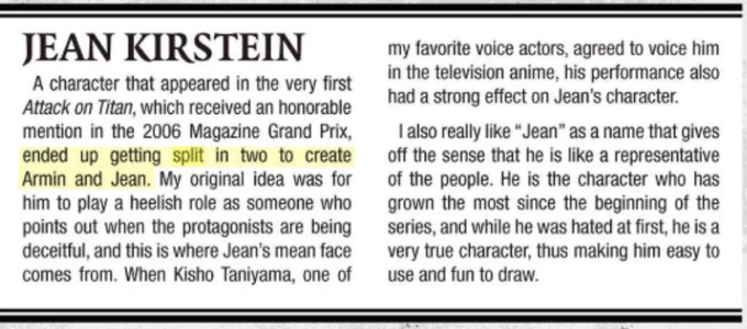 @fr3ckl3dfr0g It's valid for you to think that way 🙂 but just to share my thoughts, a lot of us ship it simply bec they understand &amp; support each other more than anyone else. Jean gives Armin confidence while Armin allows Jean to be vulnerable around him. Also, they came from one character 😄 