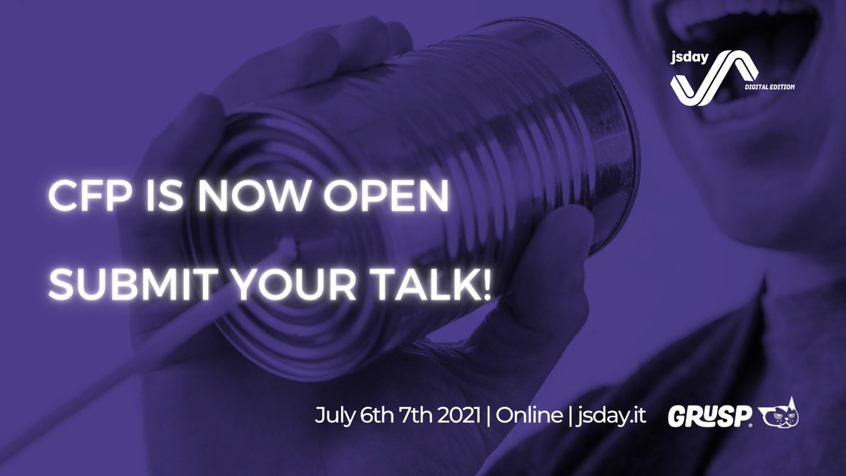jsconfit's tweet image. Save the date! #jsday is happening online on July 6th and 7th, 2021 🤩
🎟 Tickets: bit.ly/ticketjsday21
📝 #CFP is open until May 23: cfp.jsday.it
We are looking forward to meeting you all!
#jsConfIT #JavaScript #TechCommunity #TechConference #CallForPapers