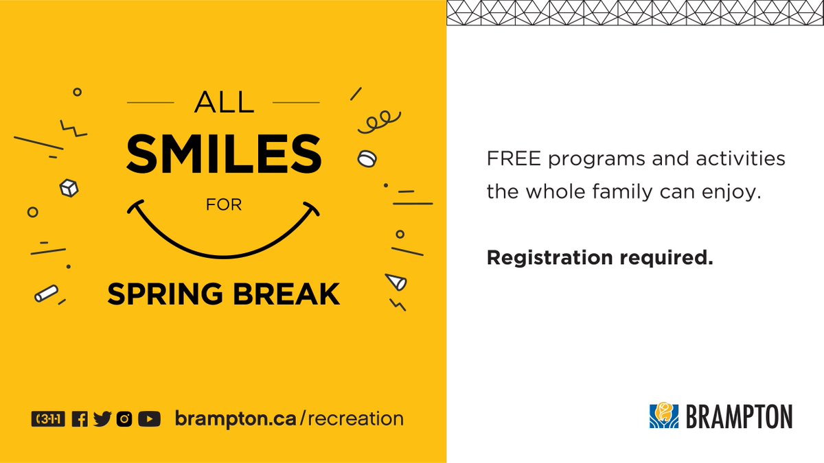😀Smile for Spring Break!
This Spring Break, stay active, creative and entertained with online workout classes, craft tutorials, and even events like virtual storytime and a tropical staycation with Brampton Recreation. Explore and register: ow.ly/RZEi50EfEI6