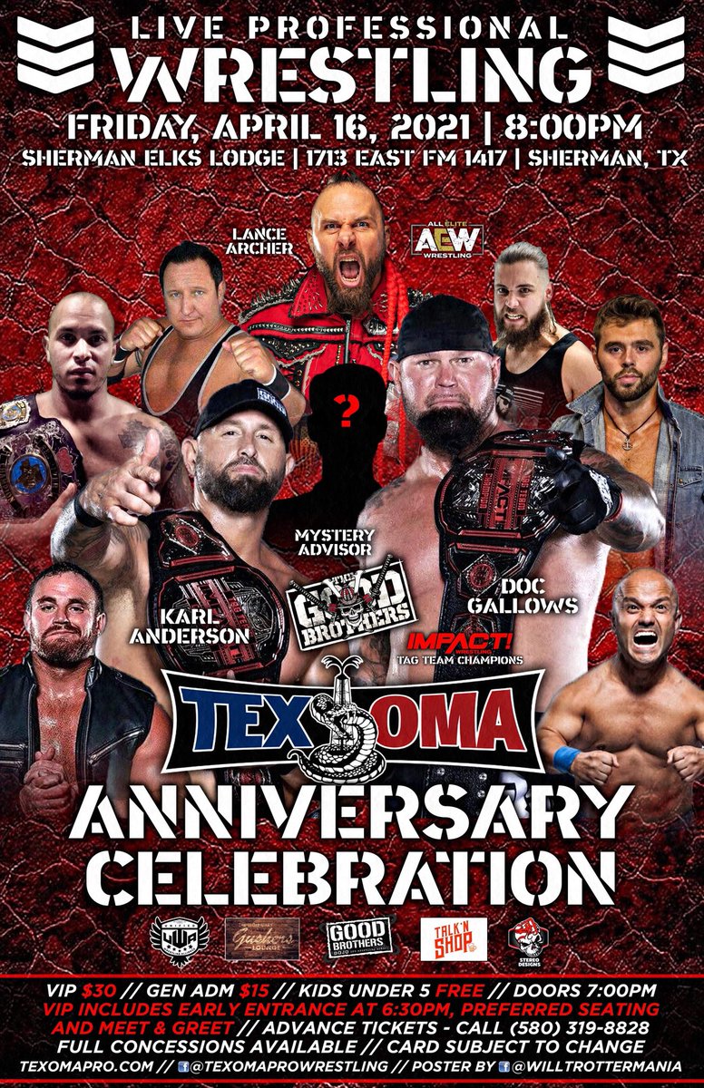 <a href="/The_BigLG/">“The Big LG” Doc Gallows</a> <a href="/MachineGunKA/">The Machine Gun</a> <a href="/LanceHoyt/">The Murderhawk Monster Lance Archer</a> <a href="/AweSampson/">Short Sleeve Sampson</a> @JDGriffey <a href="/apoc90/">Adam Asher Apoc</a> <a href="/TexomaPro/">Texoma Pro Wrestling</a>        4 days away.