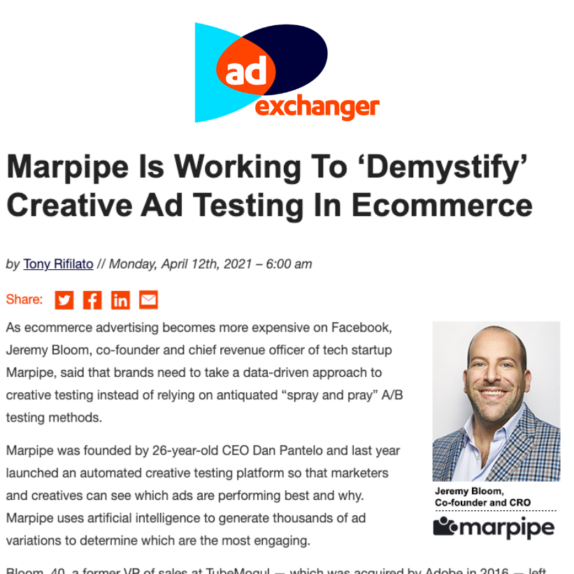 Marpipe_HQ's tweet photo. Creatives and marketers don't know which ads work or why.
Our new CRO, Jeremy Bloom explains how we solve this problem in a new interview with @adexchanger.
https://t.co/SQEsaqY4Tm
#advertising #adexchanger #marpipe #creative #adtesting #martech #adtech #abtesting #abtest https://t.co/mTSDYeCtwy