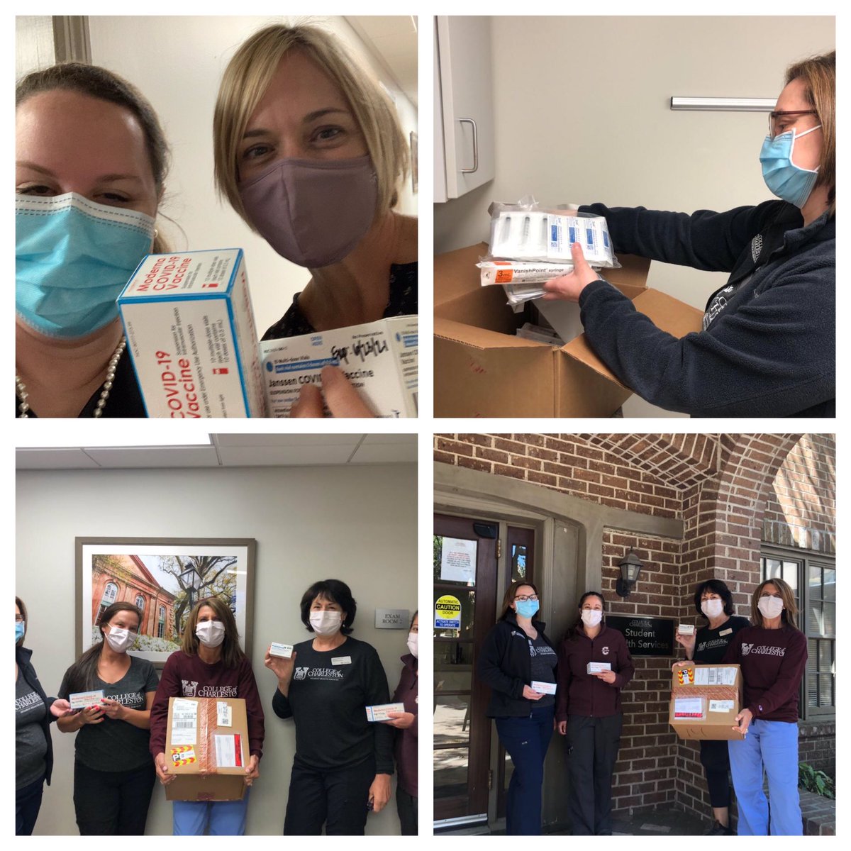 CofCHsu's tweet image. What a day! Our Student Health Services team received their first shipment of vaccines today, and we will begin student vaccine clinics this Weds. Huge shoutout to our Student Affairs staff and Student Health Services staff for making this happen! Go Cougars!