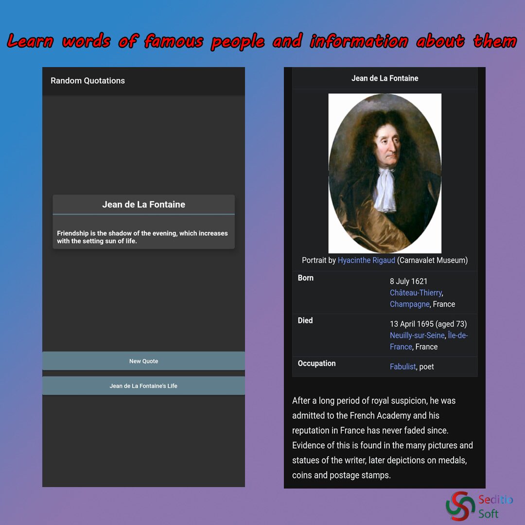 SeditioSoft's tweet photo. Random Quotitions is live now!Learn words of famous people and information about https://t.co/paPi0a06AH is very simple to use and in your pocket!You can download it from the link in our profile! #developer #software #random #yazılım #programmer #soft #computer #RandomFive https://t.co/DALjoqKAvf