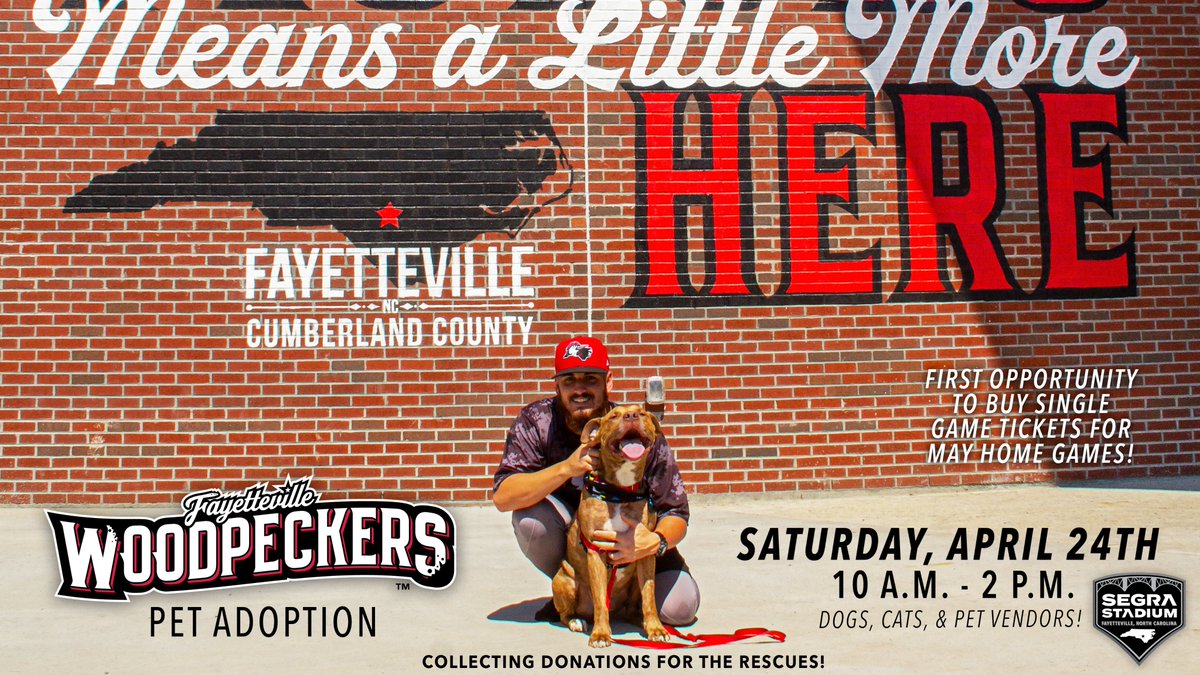 Fayetteville Woodpeckers (@woodpeckersnc) on Twitter photo We are partnering with local animal rescues to host a FREE Pet Adoption event <a href="/SegraStadium/">Segra Stadium</a> April 24th! Help us find these furry friends their forever home!
It's also the first opportunity to purchase tickets for May home games! More info below!
πΆπ±: bit.ly/WoodpeckersPetβ¦ We are partnering with local animal rescues to host a FREE Pet Adoption event <a href="/SegraStadium/">Segra Stadium</a> April 24th! Help us find these furry friends their forever home!
It's also the first opportunity to purchase tickets for May home games! More info below!
πΆπ±: bit.ly/WoodpeckersPetβ¦
