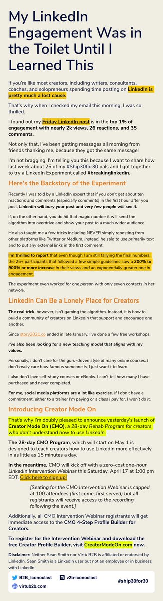 B2B_Iconoclast's tweet photo. I'm still crunching numbers but #ship30for30 Crushed It Friday on #linkedin with 25 #breakinglinkedin posts w/ avg 29 reacts/18 comments. 3+ ranked in top 1%
Doing it again Thurs noon EDT @Simona_Nexen @William3Willis @Nicolascole77 @iammikegoldberg @rroudt @SGondalia
ππππ https://t.co/r39PQdjgRM