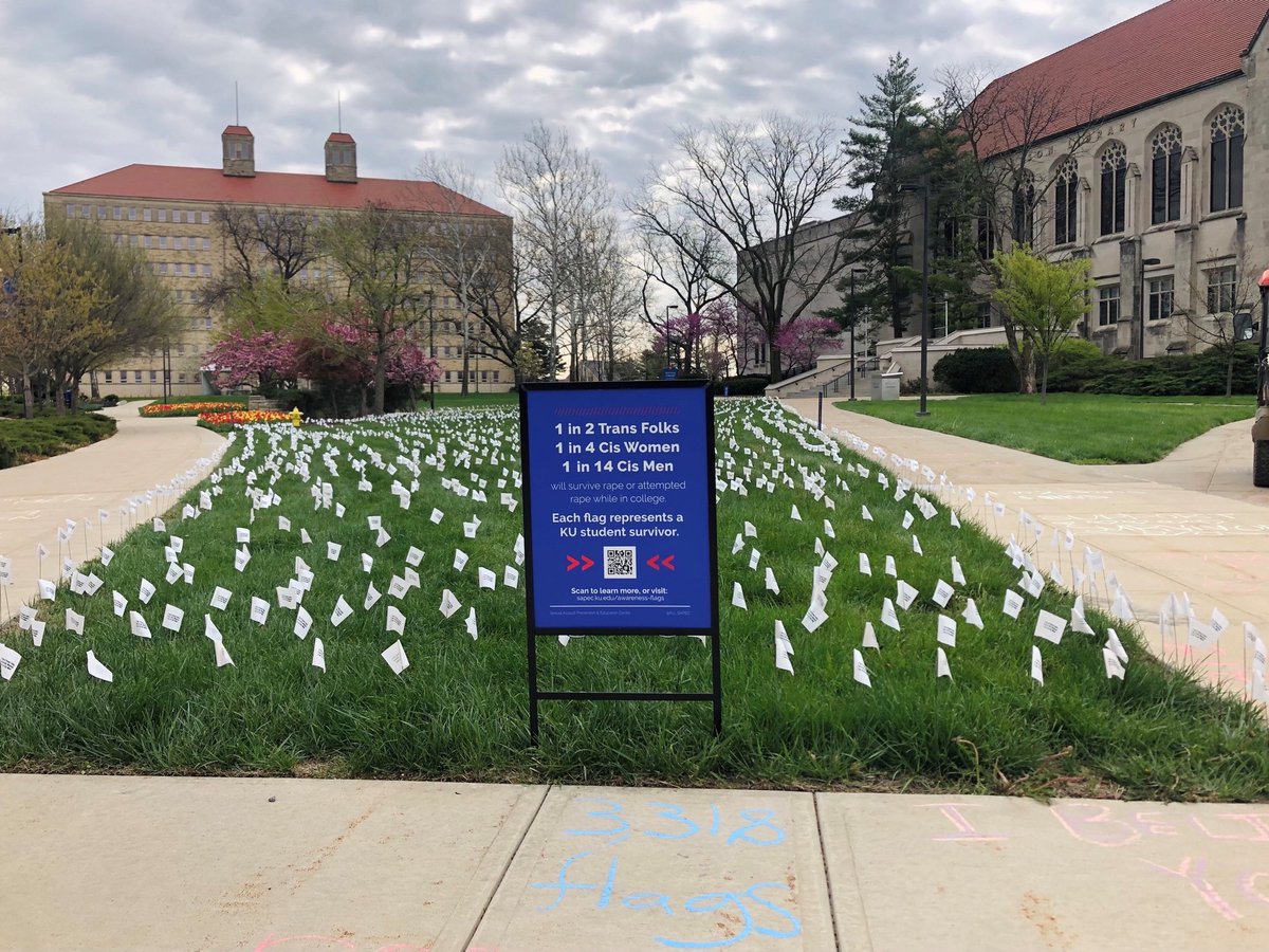 KU_SAPEC's tweet photo. This morning, we planted 3,318 flags on the Watson Library lawn. Each flag represents one undergraduate student on our Lawrence campus who will experience sexual assault during their time here. For more information about the stats used: https://t.co/zULMvdGnAL

#kusaam #SAAM2021 https://t.co/GS1ABJZOix