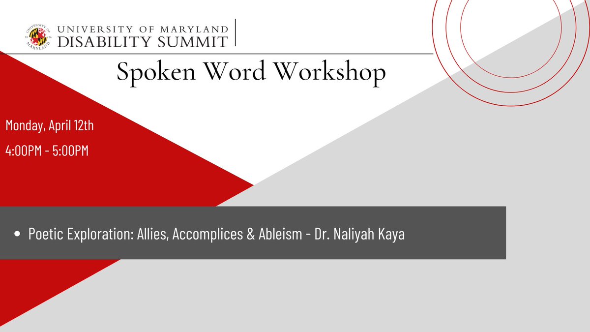InclDisability's tweet photo. The UMD Disability Summit is hosting a Spoken Word Workshop with Dr. Naliyah Kaya! For more information and the program please visit: https://t.co/hcnBiceygi #DisabilityUMD #2021DisabilitySummit https://t.co/nZHG058xVR