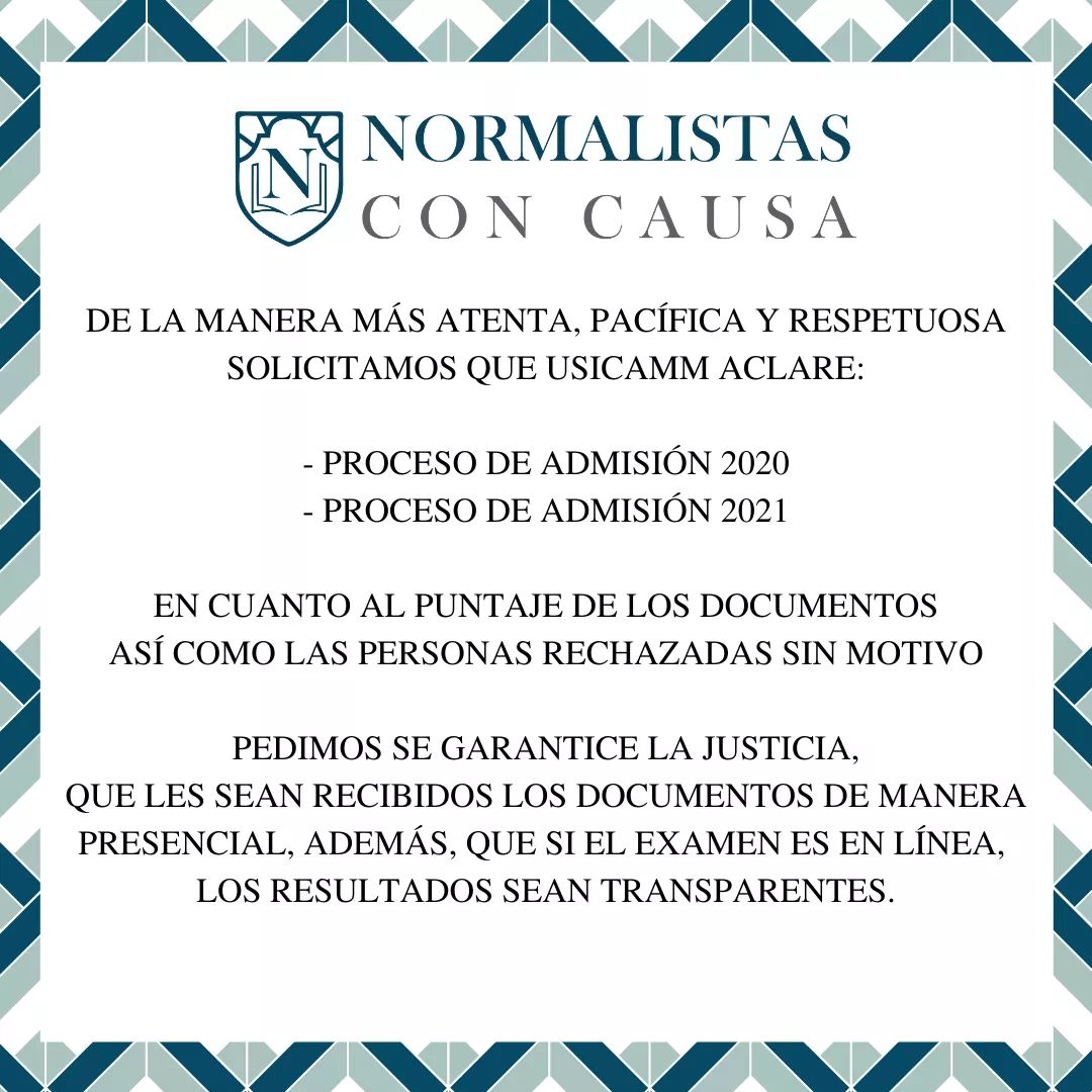 normalistascc's tweet photo. Normalistas con Causa en función de ser una plataforma de comunicación entre escuelas, solicita a @USICAMM_OFICIAL una aclaración puntual de estos hechos, soluciones efectivas a estos casos y transparencia en el proceso.
@SecEducacionJal @SEP_mx @JCFloresMiramon https://t.co/UhM6Ultu6m