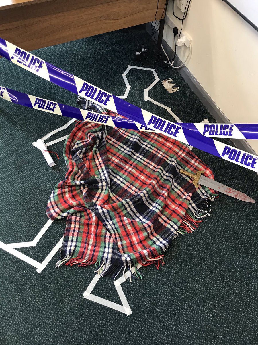 Yr6Pearls's tweet photo. There’s been a murder! We had to decipher the clues from the crime scene to find out our next writing unit. Any guesses what Shakespeare play we are going to be studying? 👑 🗡 🧙‍♀️@SchVillage https://t.co/9hhQWk3LSV
