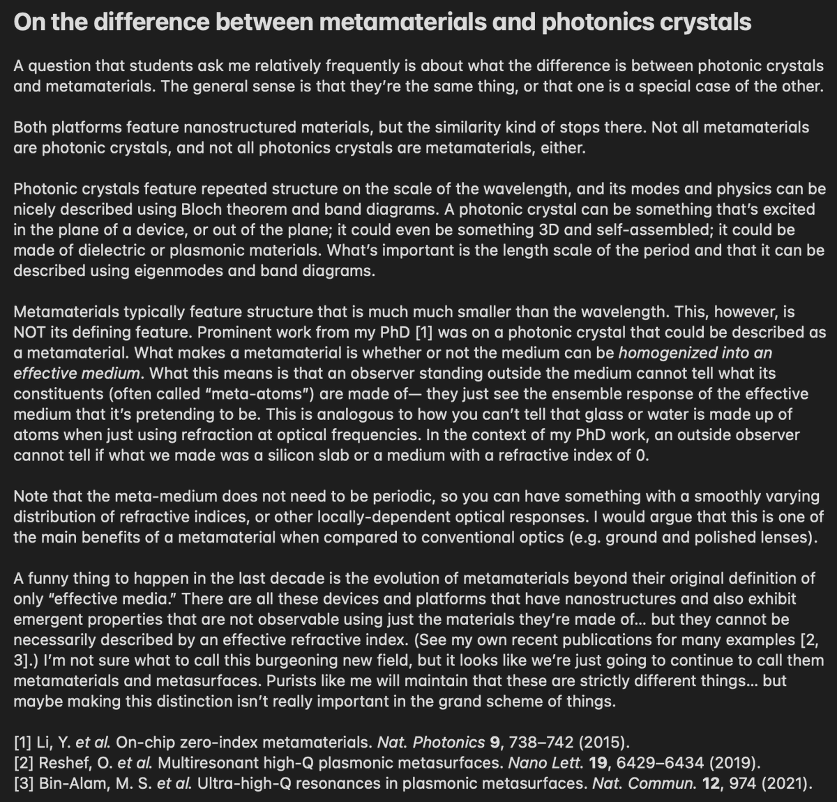 My answer to a question I often receive from students:

What's the difference between Photonic Crystals and Metamaterials?

#photonics