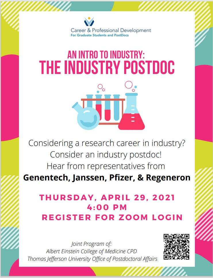 Considering a career in industry? Consider an industry postdoc! Join JPA at their Industry Postdoctoral Panel, April 29th, at 4 pm! Registration information below 👇