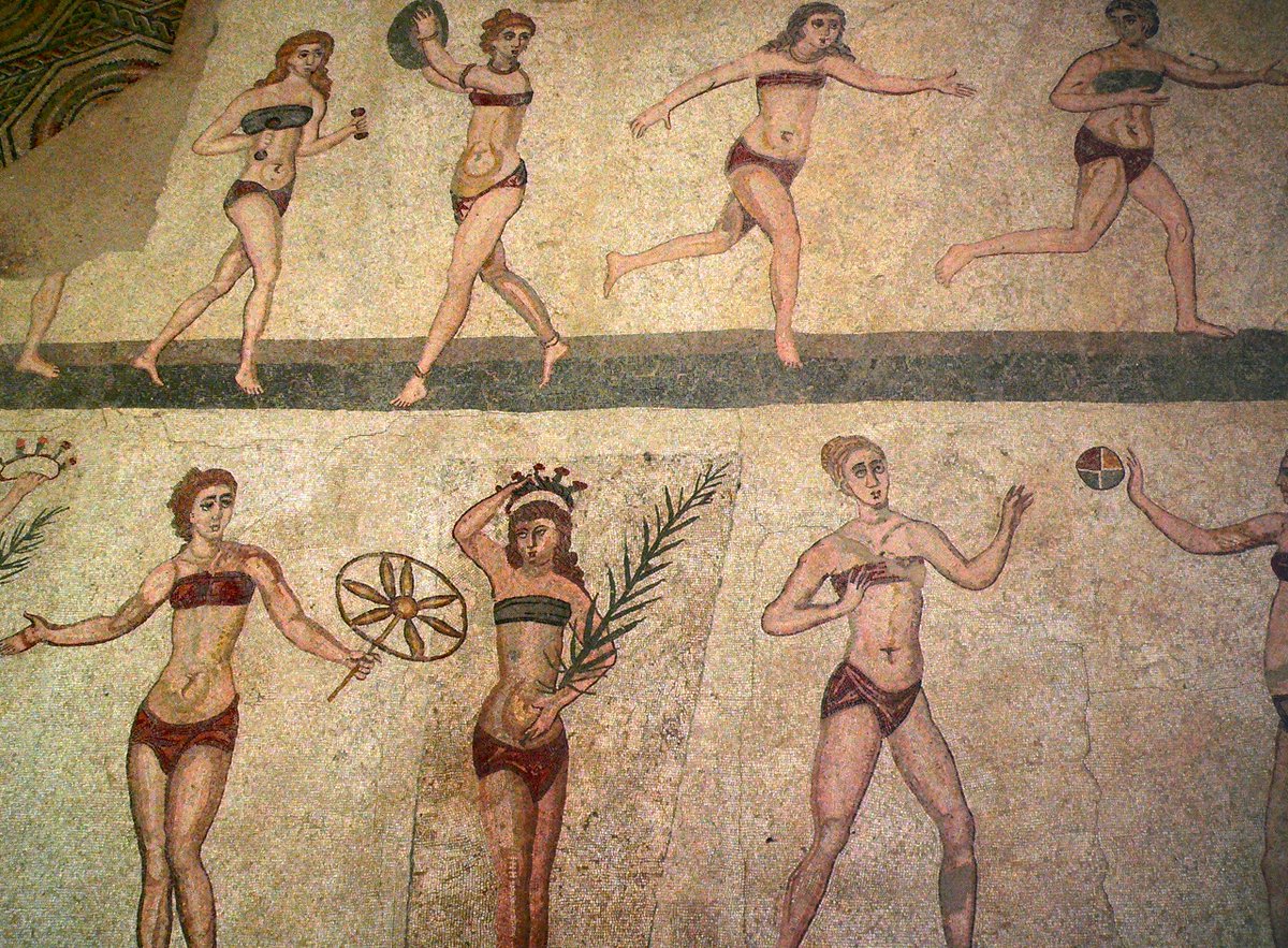 5 - The Romans, bless their hearts, introduced two-piece underthings. This mosaic shows female athletes in such garments. I'm pretty sure would still cause a stir on Bella Hadid's IG. The bottom was called a subligaculum and the top strophium.