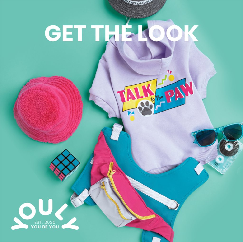 Petco's tweet photo. Do you ever feel like your pup was born in the wrong decade? Head out for walks like it's 1995 in these new looks from Youly. Bring out your pet's inner throwback with Youly's gnarly getups, now available at Petco. Get the look: https://t.co/KYBJbObbz9 #youly https://t.co/4EUkZDVJ4O