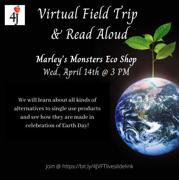 AmyPageTL's tweet photo. 4J Virtual Field Trip and Read Aloud: Wednesday @ 3 PM. We're headed to Marley's Monster Eco Shop to learn about alternatives to single-use products in honor of Earth Day! @4Jschools  #FutureReadyLibs #TLchat #InformationLiteracy #DigitalCitizenship #TechnologyIntegration https://t.co/uru3GynZOk