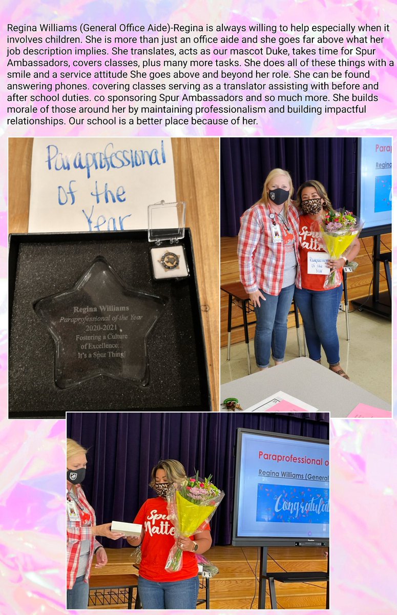MrsWilliamsCSES's tweet photo. Today I was recognized as Paraprofessional of the year at work. I also received my 5 year pin from the district. I'm proud to work with a great group of people and a wonderful school district. #itsaspurthing  #emsproud https://t.co/7Rq7aEyu2M