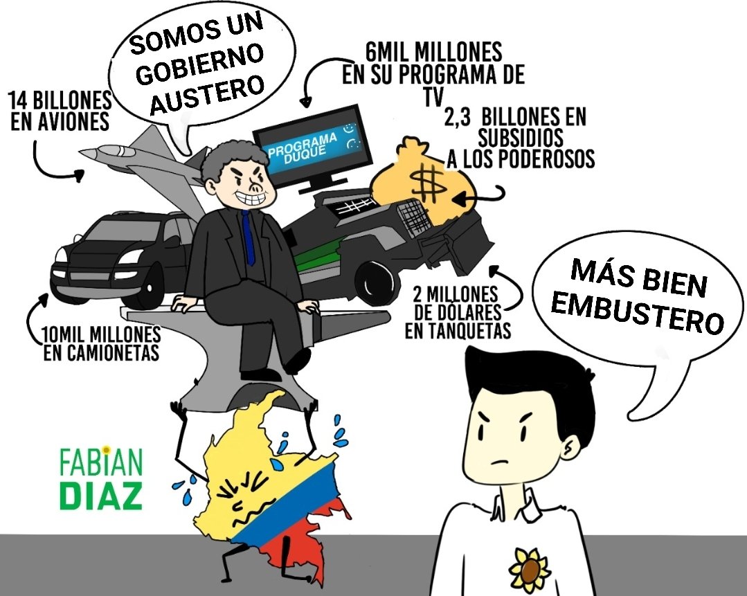 El Gobierno #EMBUSTERO de #Duque dice que espera ahorrar medio Billón con su 'PlanDeAusteridad', cuando DESPILFARRA #BILLONES. 

⚠️ 14 BILLONES en aviones de Guerra

⚠️ 2,3 Billones en subsidios a poderosos

⚠️ 10 MIL MILLONES en camionetas

⚠️ 6 MIL MILLONES en programa de Tv