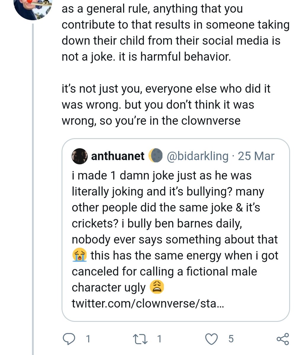 Refusing to apologize for harassing him by talking about his *real* child because "its a meme" thats been directed at her, a person who has no children.Also after her & her followers constantly insulted his looks she lied & said Mal stans are who "dont think is hot"