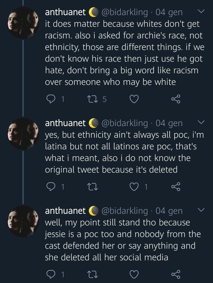 Here's her lying again when questioned & saying Ben defended Archie from Mal stans who dont think he's hot when infact he was defended from RACISTS which she knows because thats when she questioned his race and him being a poc previously and said he "might be white"