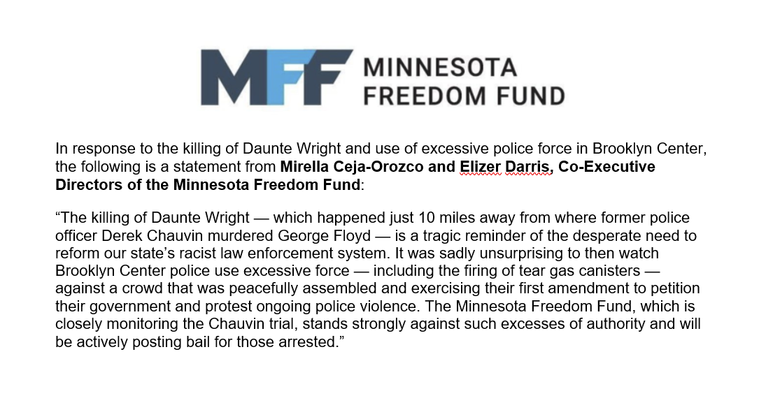 The Minnesota Freedom Fund mourns the loss of #DaunteWright and stands strongly against excessive use of police force.