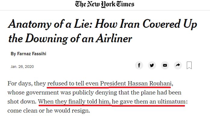 Farnaz Fassihi claimed in Jan 2020 that Hassan Rouhani did'nt know about IRGC downing of  #PS752. Abundance of evidence has been uncovered since then that proves this was a blatant lie but the article still remains untouched on  @nytimes website after 15 months. #NYTimesPropaganda