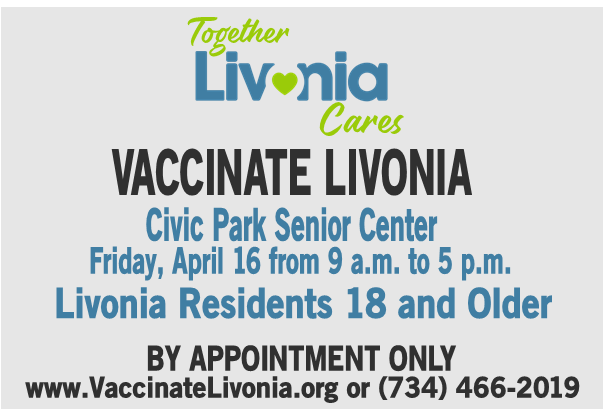 MiLivonia's tweet photo. Livonia is offering COVID-19 vaccine appointments for residents ages 18+ at the Senior Center on Friday, April 16, from 9 a.m. to 5 p.m. Some spots are reserved for 50+. Wayne County is giving us Johnson &amp; Johnson vaccine for appointments on April 14 &amp; 16.https://t.co/8tk4PATpZS https://t.co/RDmpx6kpes