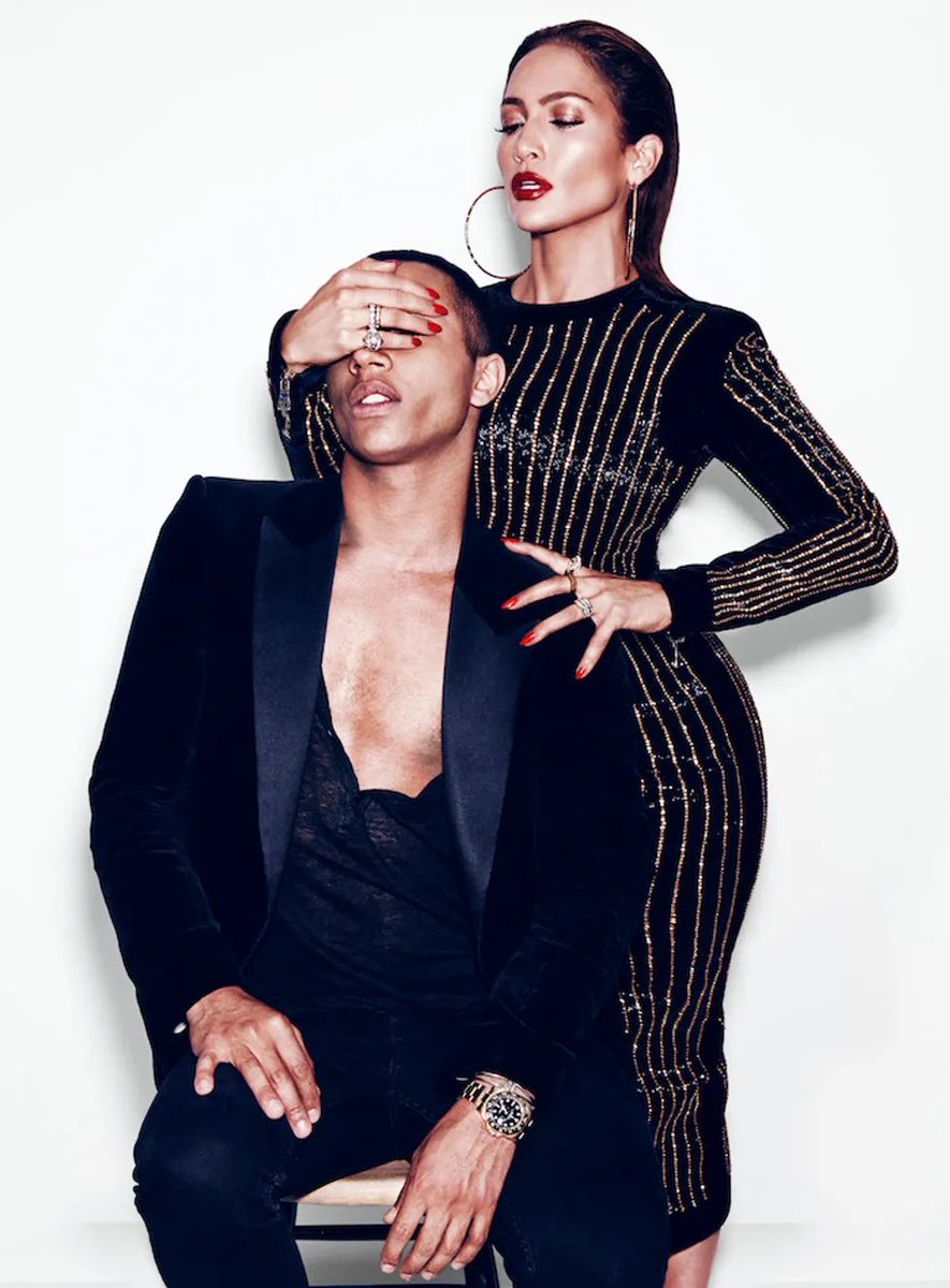 Olivier Rousteing: “I worked with Jennifer for the Met Gala [in 2018]. We danced at the fitting when she was trying on her dresses — and laughed so much. But the best time of my life had to be the day after the red carpet, dancing with J.Lo at the Boom Boom Room [in New York].+