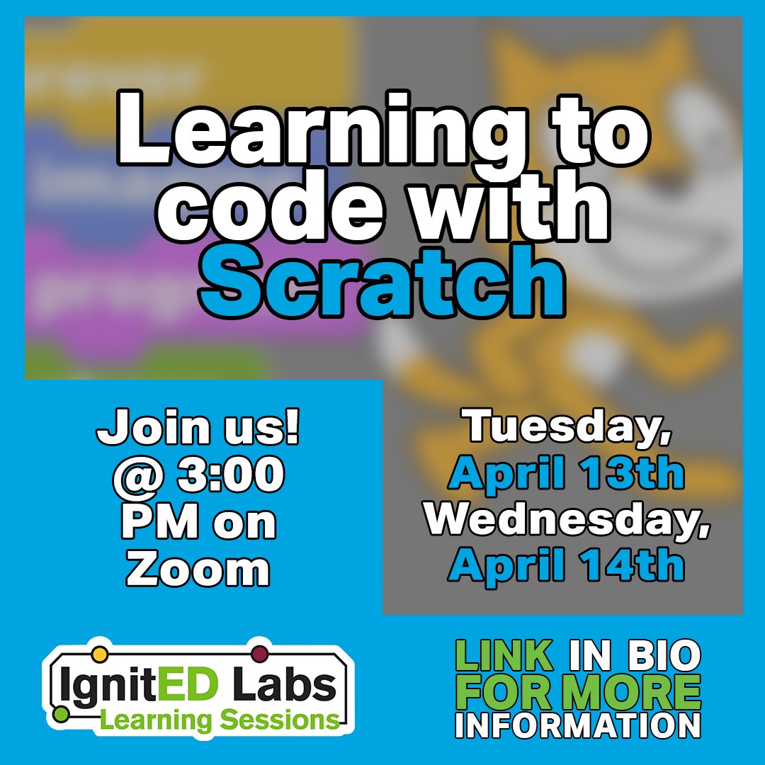 ASU_IgnitEDLabs's tweet photo. Take an intro-level look into coding with an Educational Technology Champion using Scratch. We hope to see you there! #asu #coding #technology #Scratch 
Graphics by: Miguel Melo https://t.co/Eg41DErevM