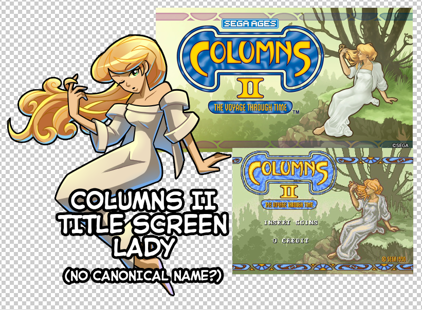 2. The Title Screen Lady from Columns IIThe enigmatic Alphone Mucha-esque lady from the title screen of Columns II. I thought she’d look good if her hair was amped up and stylized like Meg from Disney’s Hercules lol (6/14)