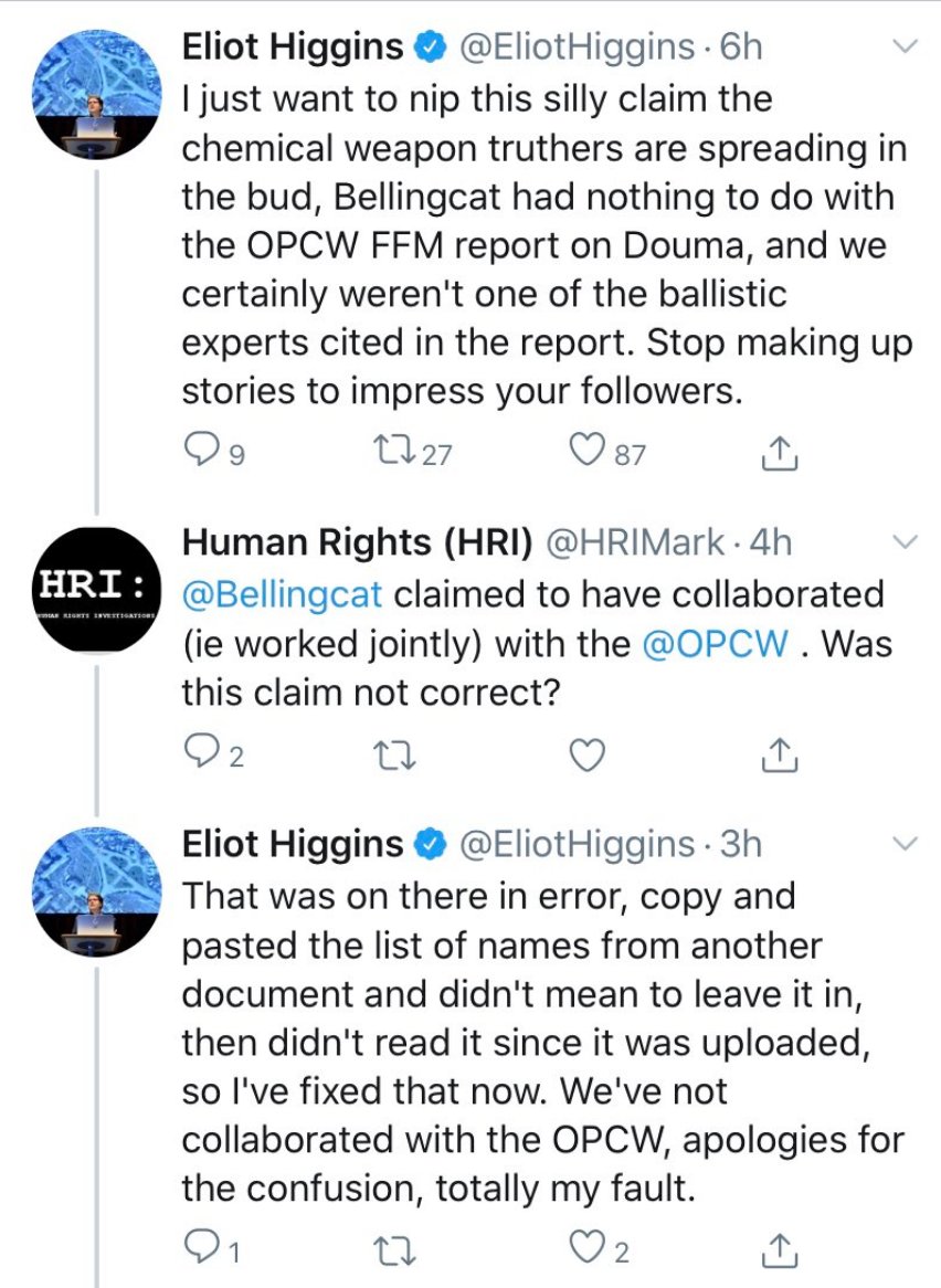 Background:  @EliotHiggins & Bellingcat once bragged that they "partner" w/ OPCW. When that became too embarrassing for the latter, Eliot suddenly declared that it was all an error; the result of a mistaken copy & paste from "another document." Somehow, OPCW was the lone "error."