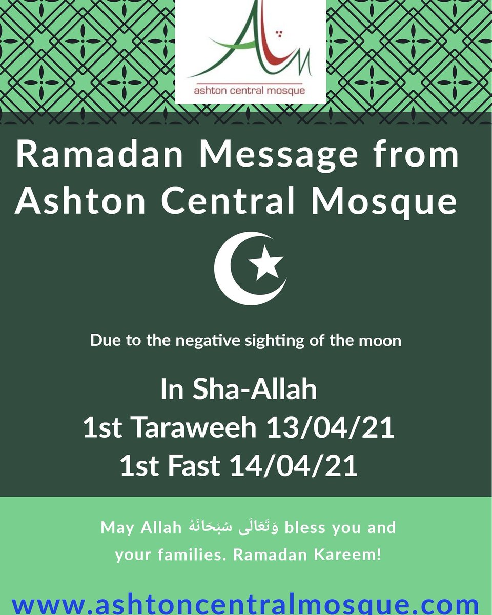 AshtonMosque's tweet photo. *Ramadan announcement*

Due to the negative sighting of the moon, 'In Shaa-Allah we will complete 30 days of Sha'baan and fast on Wednesday 14th April.

Taraweeh prayers will commence on Tuesday night at 10pm. https://t.co/gtmgFTBiHc