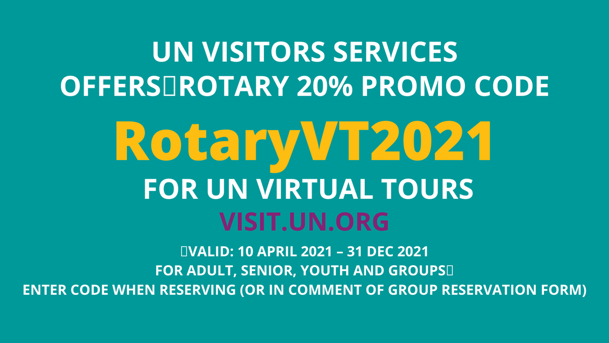7230Rotary's tweet photo. Does the #75yearsofaction program (https://t.co/AZtWnA5er3) inspire you to support the #UnitedNations and #SDGs? Book a #VirtualTour of the UN with this special discount code offered by @VisitUN to our viewers and #Rotary! https://t.co/HR8rsowZ8a Thank you! #VisitUN https://t.co/P2XGaStMJ0