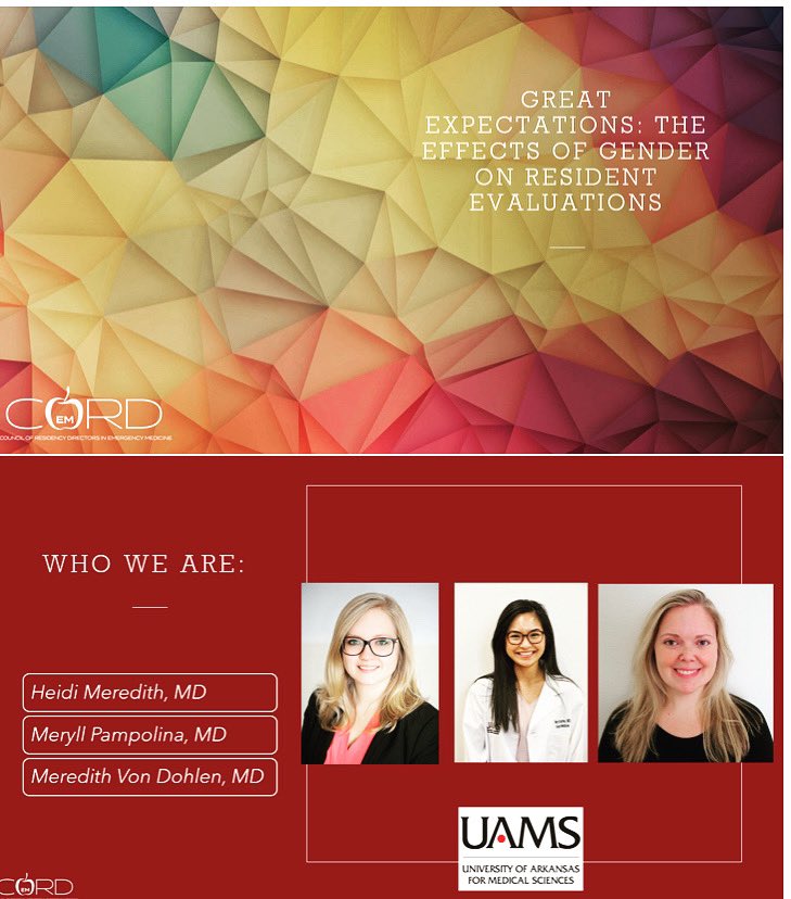 If you’re attending #CORDAA21, stop by the Feedback 560 presentation later today by <a href="/UAMS_EM/">UAMS EM</a> #MedEd fellow <a href="/MereVonD_MD/">Meredith Von Dohlen</a>, faculty @MeryllPampolina, &amp; resident <a href="/HeidiDMeredith/">Heidi Meredith, MD</a> on how gender bias affects resident evaluations!

#MedTwitter #emergencymedicine #WomenInMedicine