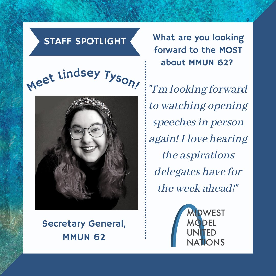MidwestModelUN's tweet image. STAFF SPOTLIGHT! Meet Lindsey Tyson, the Secretary General of MMUN 62. #Leadership #VolunteerLeader #WomeninLeadership #MadamSecretary #MMUN62 #GatewaytoDiplomacy