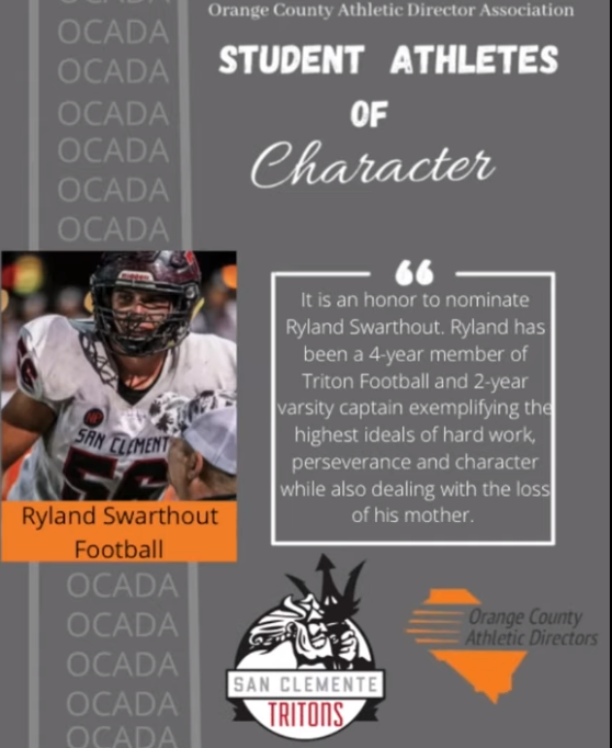 SCHSTritons's tweet photo. Congratulations to Triton Seniors Julie Wright and Ryland Swarthout for being named Orange County Athletic Directors' Association Student-Athletes of Character! The highest honor for a student-athlete; excellence in athletics, academics and character! So deserved! @SouthOCsports https://t.co/AQTZDlCejV