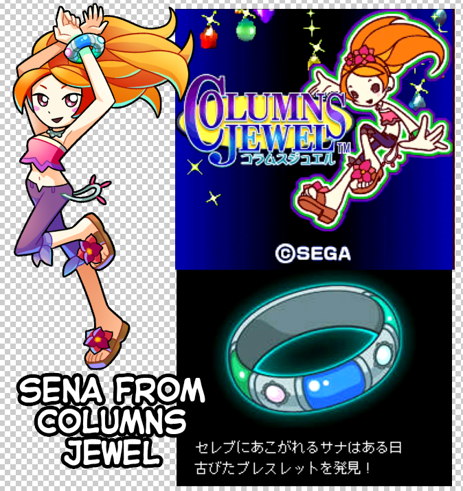 10. Sena from Columns JewelColumns Jewel is a Japanese-only feature phone & early Android game feat Sena who gets whisked thru time on her magic bracelet! To return home, she must battle Cleopatra & even the goddess Venus!Full playthrough here: (14/14)