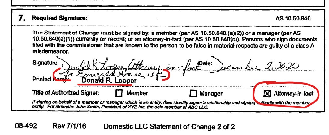  $eeenf  @88EnergyLtd But wait, there's MORE!Donald R. Looper signed off on Emerald House, LLC's change in Registered Agent as "Attorney-in-fact" filed w/Alaska Dept. of Commerce on 1/14/21.