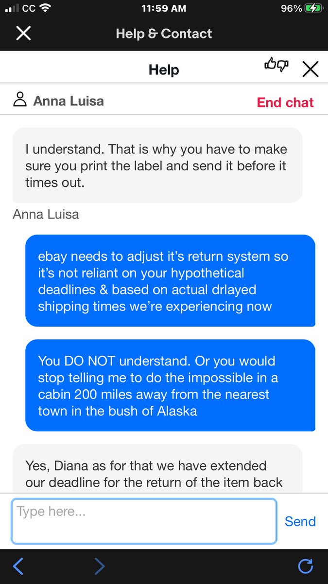 ONELONEDOLPHIN's tweet image. @eBay we need to talk re: demanding things leaving a chat before conversation is done &amp;amp; interjecting further demands we PRINT #ReturnLabels or you’ll close return prematurely + “won’t refund money”!!🙄 “she understands”??! WHY keep saying I have to print label if she’s cognizant?