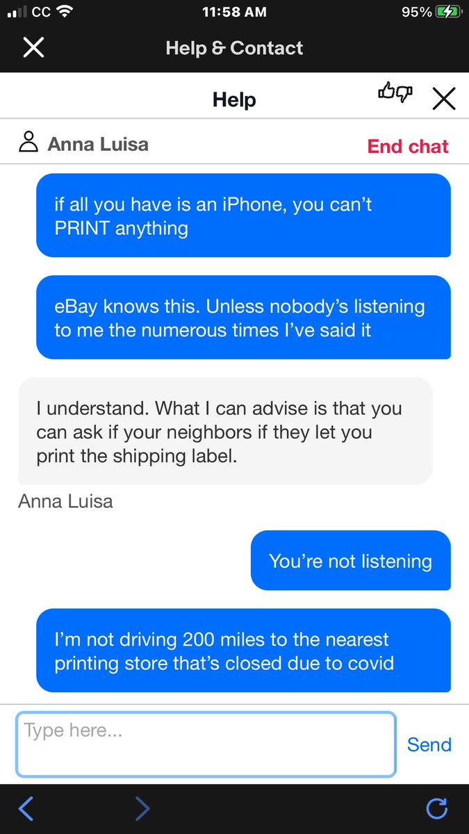 ONELONEDOLPHIN's tweet image. @eBay we need to talk re: demanding things leaving a chat before conversation is done &amp;amp; interjecting further demands we PRINT #ReturnLabels or you’ll close return prematurely + “won’t refund money”!!🙄 “she understands”??! WHY keep saying I have to print label if she’s cognizant?
