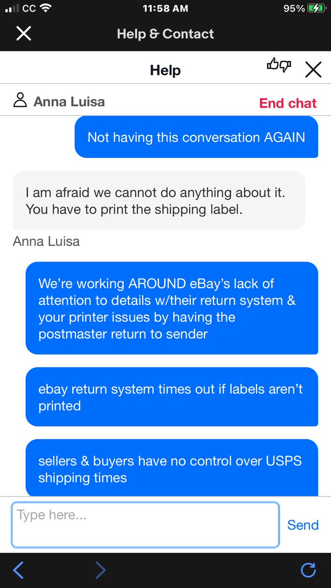 ONELONEDOLPHIN's tweet image. @eBay we need to talk re: demanding things leaving a chat before conversation is done &amp;amp; interjecting further demands we PRINT #ReturnLabels or you’ll close return prematurely + “won’t refund money”!!🙄 “she understands”??! WHY keep saying I have to print label if she’s cognizant?