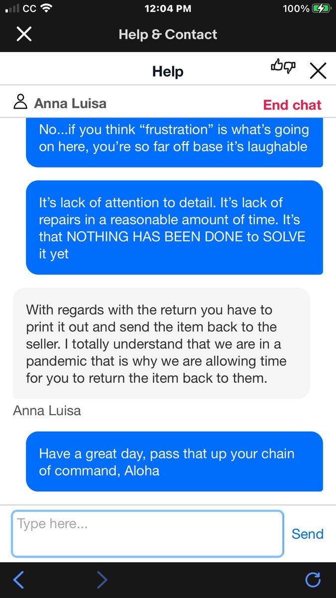 ONELONEDOLPHIN's tweet image. @eBay we need to talk re: demanding things leaving a chat before conversation is done &amp;amp; interjecting further demands we PRINT #ReturnLabels or you’ll close return prematurely + “won’t refund money”!!🙄 “she understands”??! WHY keep saying I have to print label if she’s cognizant?