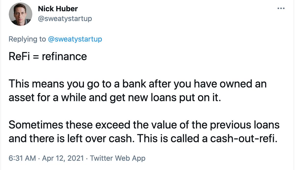 6/ Nick & Dan soon learned about the magical cash-out refinance. Check out Nick's tweet here for a brief explanation.They refinanced to get a tax-free $2M deposited into their bank accounts.Nick & Dan became millionaires at 29.Real estate investors do this all the time.