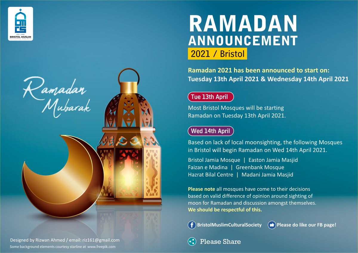 BRISTOL RAMADAN 2021 ANNOUNCEMENT
Ramadan 2021 has been announced to start on: Tuesday 13th April 2021 &amp; Wednesday 14th April 2021

For more information, please visit bmcs.org.uk/bristol-ramada…

#ramadanmubarak #Ramadan2021 #Bristol