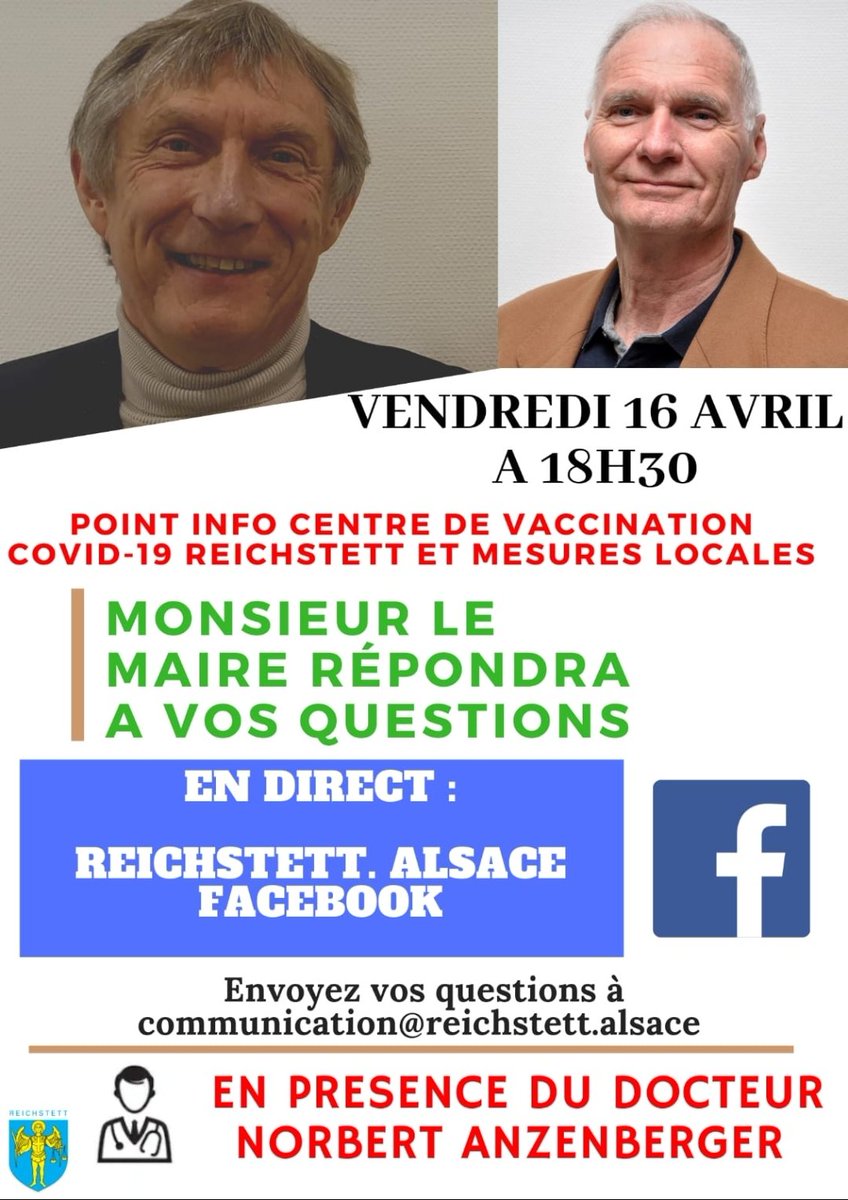 J'assurerai avec Monsieur le Maire Georges Schuler @GeorgesSchuler et le Docteur Norbert Anzenberger un 15ème point info Covid-19 ce vendredi en mairie en direct
#Reichstett #VilledeReichstett