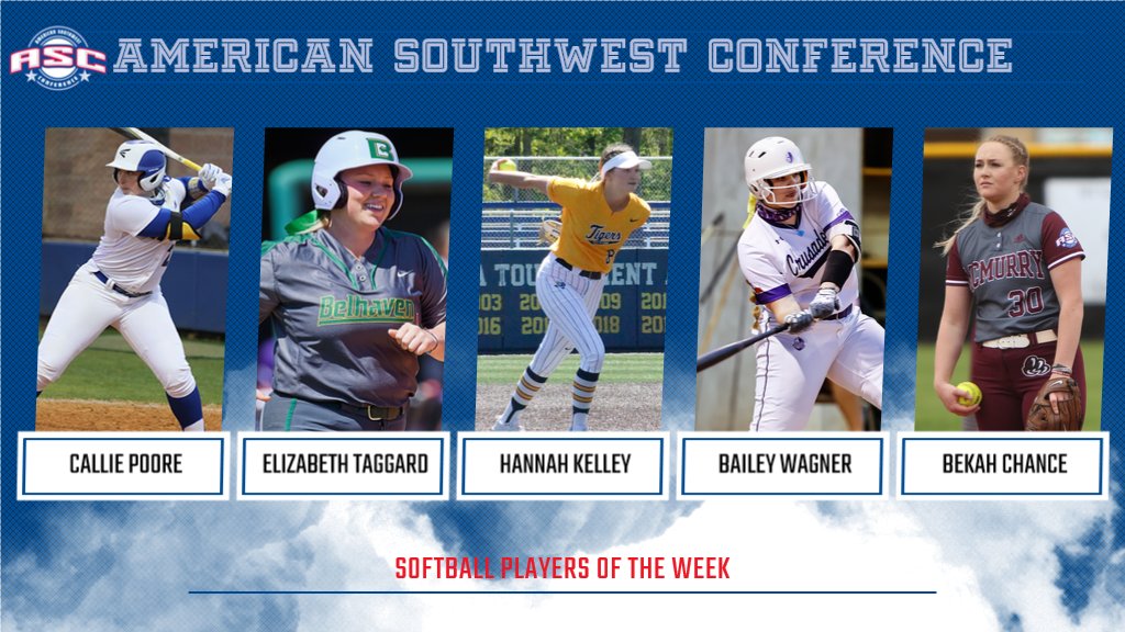 SB | <a href="/LETUAthletics/">LeTourneau YellowJackets</a> Callie Poore, @belhavenblazers Elizabeth Taggard, <a href="/GoETBUTigers/">ETBU Athletics</a> Hannah Kelley, <a href="/CruSports/">UMHB Crusaders</a> Bailey Wagner, <a href="/mcmsports/">McMurry Athletics</a> Bekah Chance named ASC Softball Players of the Week bit.ly/3wRRasI #ASCsb #d3sb