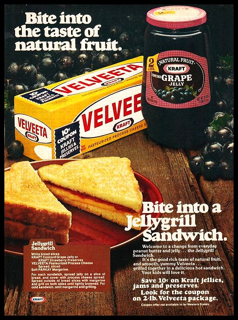 #GrilledCheeseSandwichDay 

1970s, Velveeta cheese and Kraft Grape Jelly Vintage Ad 

#1970s #Sandwich #Vintage #Retro